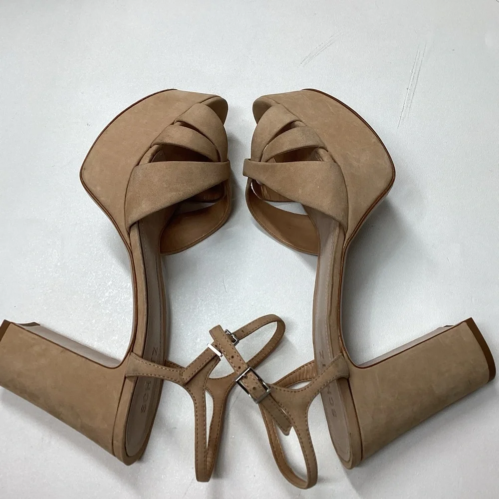 Schutz Keefa Suede Beige Platform Ankle Strap Block Heel Sandals Size‎ 11